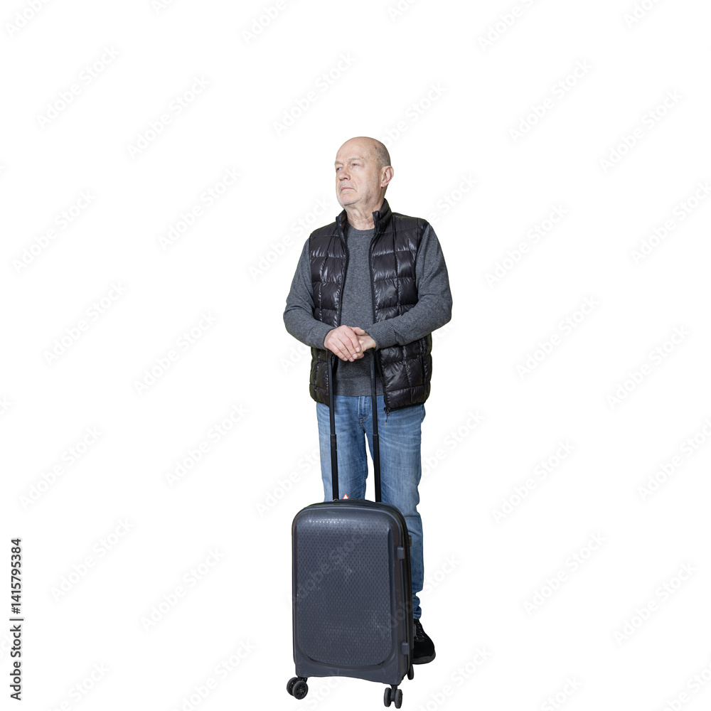 a man with a travel trolley waiting.