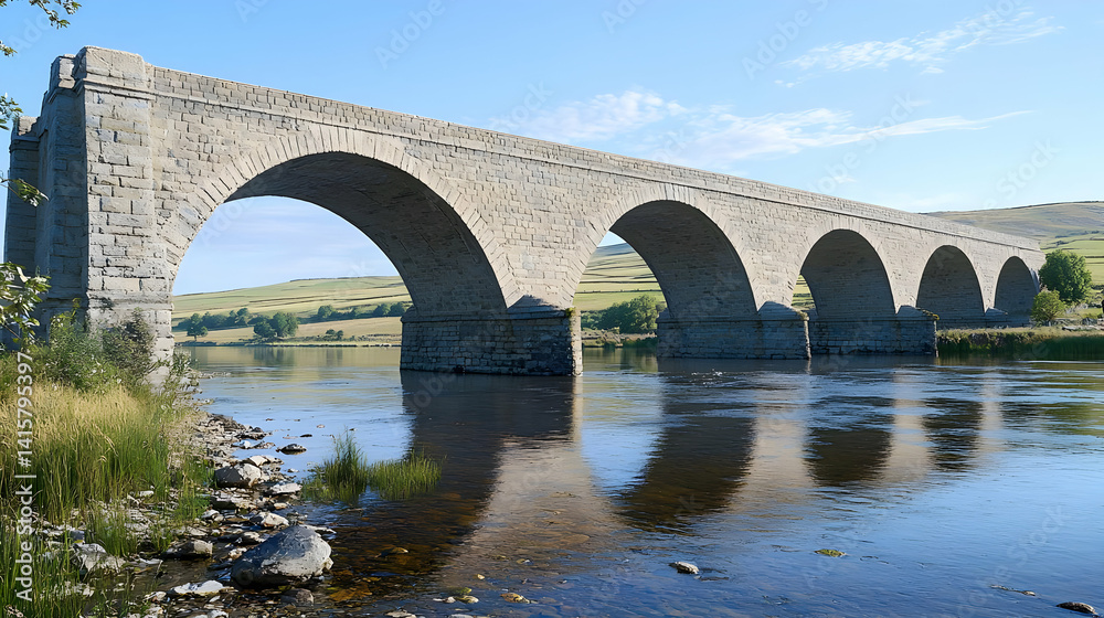 Fototapeta premium Stone Arch Bridge Over Calm River Landscape