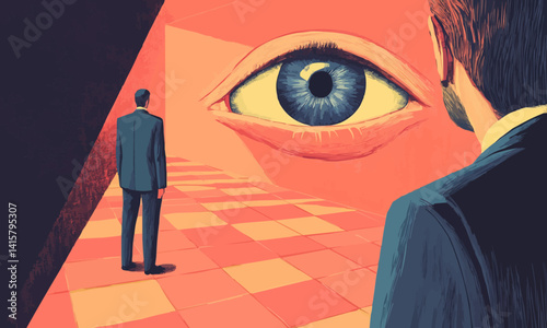 Illustration of a blind spot bias individual ignoring crucial information. Concept: Ignorance, Blind Spots, Bias, Misinformation, Critical Thinking.