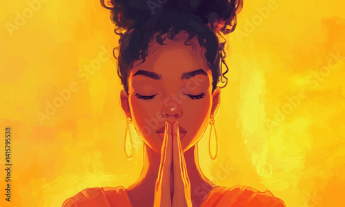 Illustration of a peaceful woman in prayer, with hands clasped and eyes closed, symbolizing faith, serenity, and spiritual devotion in a warm, serene setting.