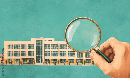illustration of a hospital building with a magnifying glass held by a large hand in the foreground, highlighting the building details against a teal background