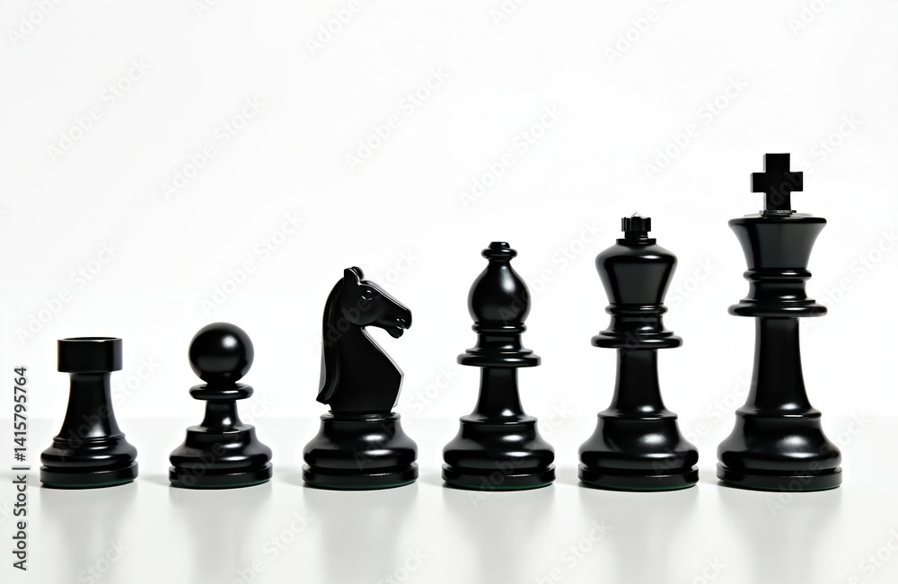 Set of black chess pieces isolated on white background. Chessmen stand on white surface. Table game concept. Strategy, competition and leadership theme. Intellectual sport. Set of black chess pieces isolated on white background. Chessmen stand on white surface. Table game concept. Strategy, competition and leadership theme. Intellectual sport.