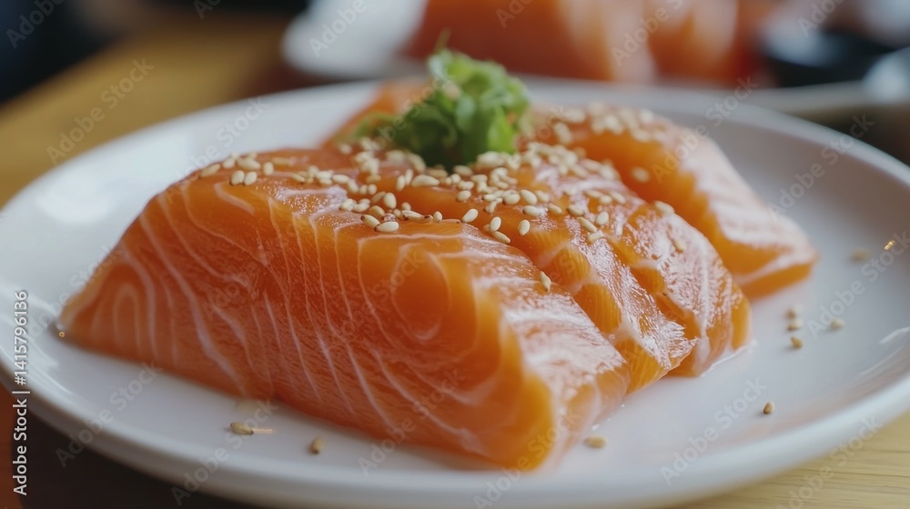 Close-up of Salmon Sashimi with Sesame Garnish Close-up of Salmon Sashimi with Sesame Garnish