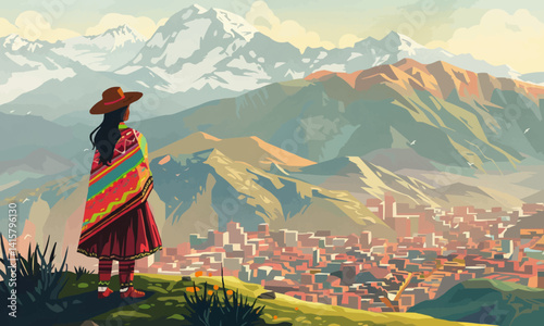 illustration of Peruvian woman and mountains with city