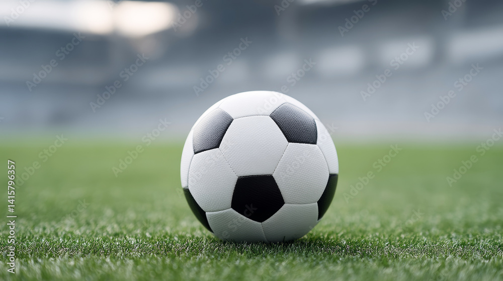 Fototapeta premium Soccer ball lying on verdant stadium turf, signaling imminent competitive play with anticipation of sporting action
