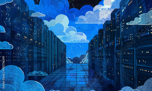data storage with a vector art piece illustrating servers, data centers, and cloud storage