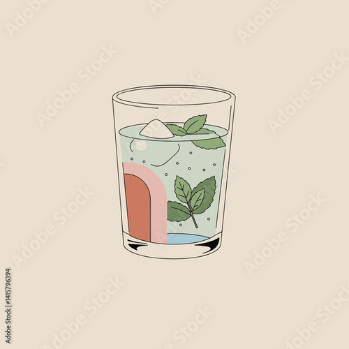 Refreshing cocktail with mint and ice in a clear glass  