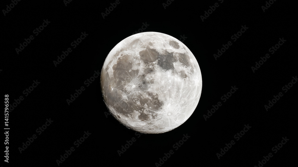 Naklejka premium Minimalist photography of full moon with visible craters and seas, shining in a completely black, starless night sky