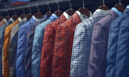 illustration of selection of luxurious men checkered suits on hangers in a high end fashion stores tailoring section