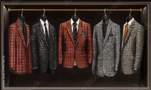 illustration of selection of luxurious men checkered suits on hangers in a high end fashion stores tailoring section