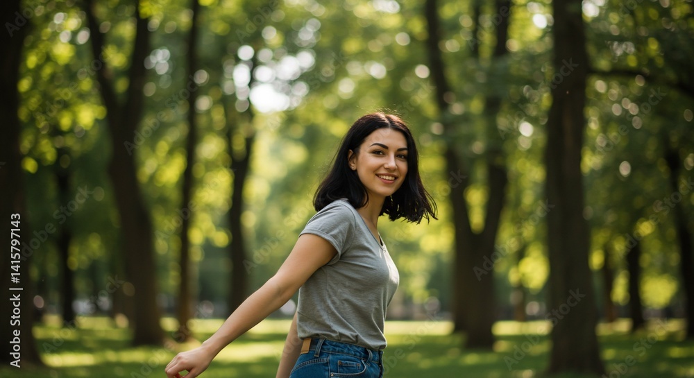 Naklejka premium Smiling woman in a park, enjoying a peaceful moment in nature.