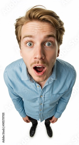Man with surprised expression and wide-angle lens distorts perspective.