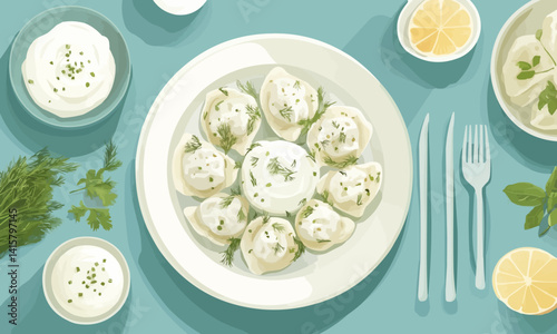 Develop a festive illustration of a table set with pelmeni served in a traditional Russian style, accompanied by sour cream, dill. Vector flat minimalistic isolated illustration.