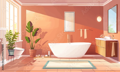 illustration of spacious bathroom interior furnished with bathtub and wooden cabinet with sink decorated with potted plant and mirror