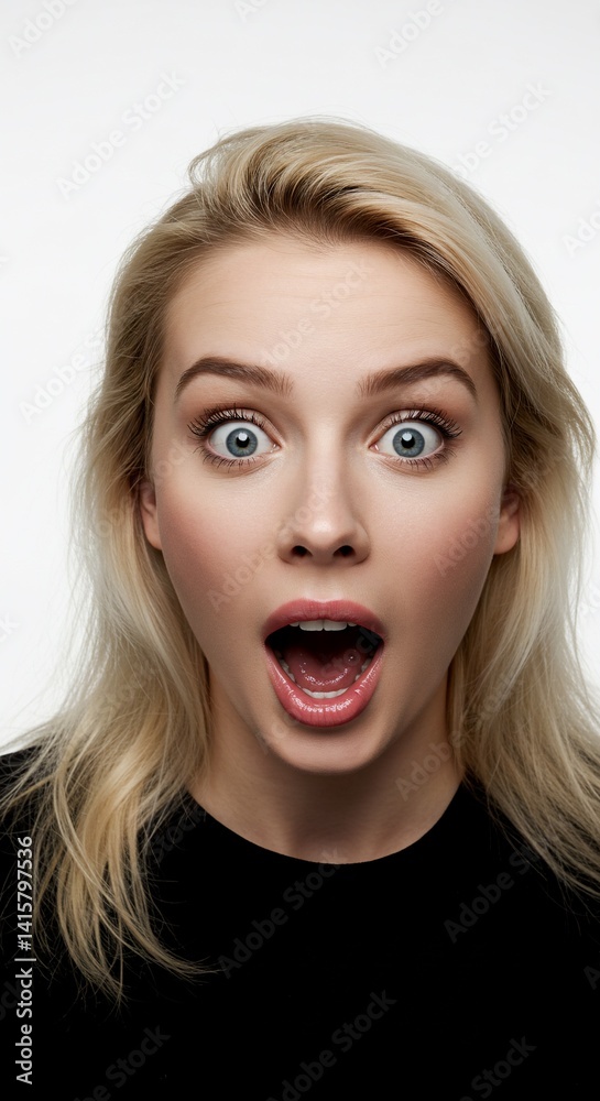 Blonde woman with open mouth and surprised expression against white backdrop Blonde woman with open mouth and surprised expression against white backdrop