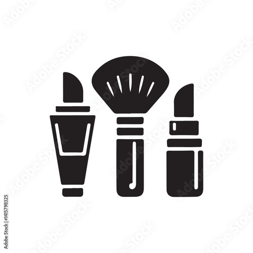 Simple Vector Illustration of Makeup Essentials.A clean and modern vector graphic showcasing a makeup brush, lipstick, and lip balm.
