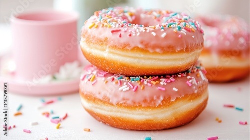 Delicious Pink Frosted Donuts with Colorful Sprinkles and Tea Cup