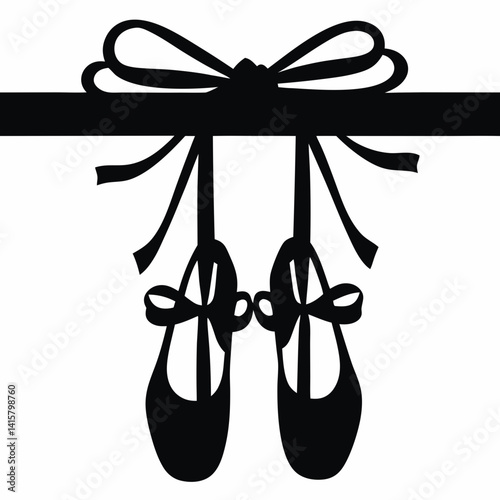 Ballet shoes hanging from ribbon icon in black silhouette