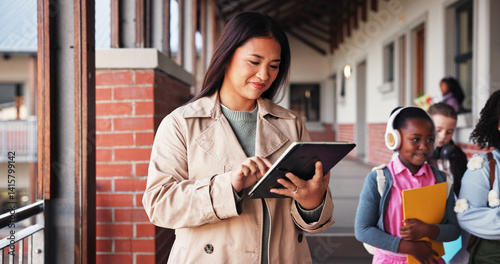 Картината върху платно Education, woman and teacher with tablet, school and lesson planning on website, browsing and smile