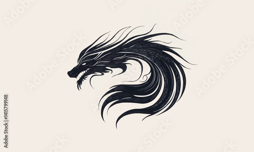 Eastern-styl/e dragon with flowing mane and whiskers, Vector flat minimalistic isolated illustration