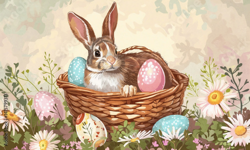 Easter basket with eggs and bunny decorated with flowers. Happy easter
