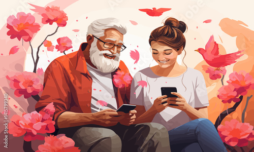 Elderly couple looking at smartphone, vector, flat, isolated