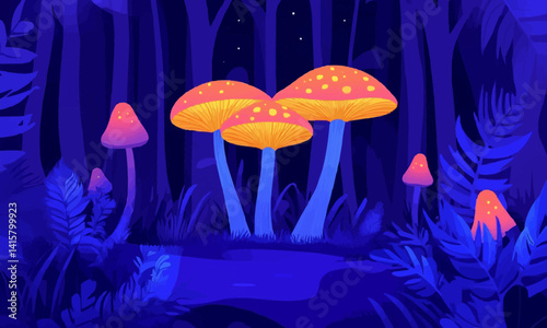 Enchanted forest with mysterious glowing mushrooms, Vector flat minimalistic isolated illustration