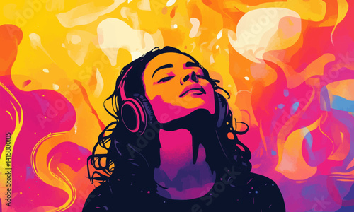 Energetic woman wearing headphones, absorbed in music, with a colorful monochromatic background, showcasing a fun and vibrant atmosphere.