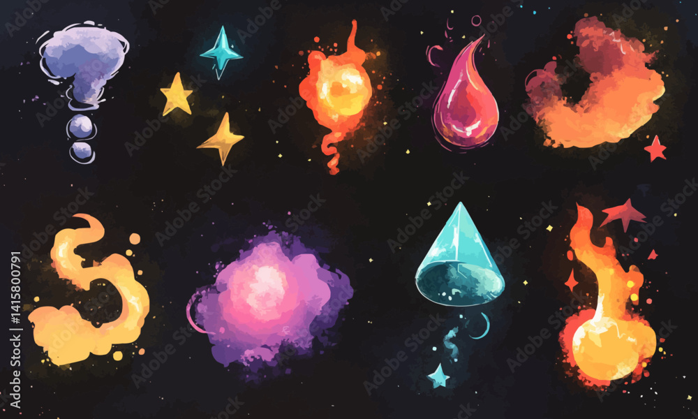 Explore a variety of timeless 2D cartoon FX effects with this collection featuring 10 dynamic elements question mark exclamation mark flash span smoke blow multicolored glitter steam stars