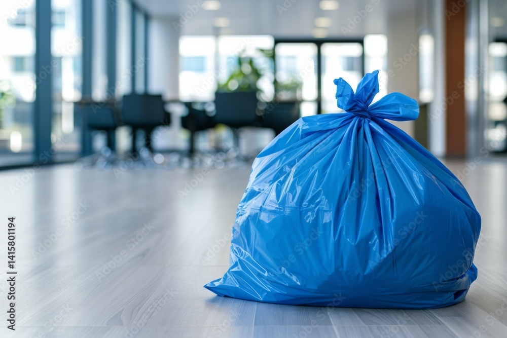 Obraz premium blue garbage bag on the floor in a clean modern office
