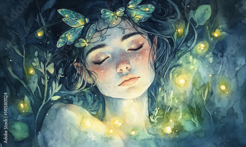 Explore Fey magic in a whimsical watercolor portrait of a mystical forest nymph surrounded by enchanting glowing fireflies