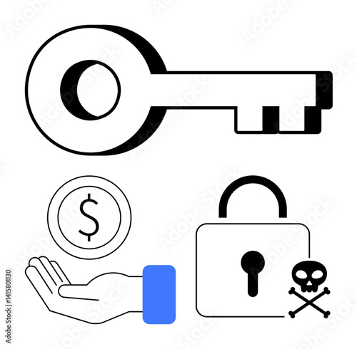 Key, lock, hand holding a dollar coin, and skull icon. Ideal for security, privacy, safety, access payment risk finance scenarios. Perfect fit for simple landing page