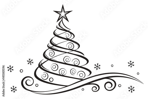 Swirling Christmas Tree With Star And Snowflakes Black And White Vector