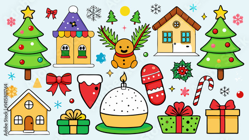 Festive Cartoon Christmas Elements Illustration With Christmas Trees Houses And Holiday Decor