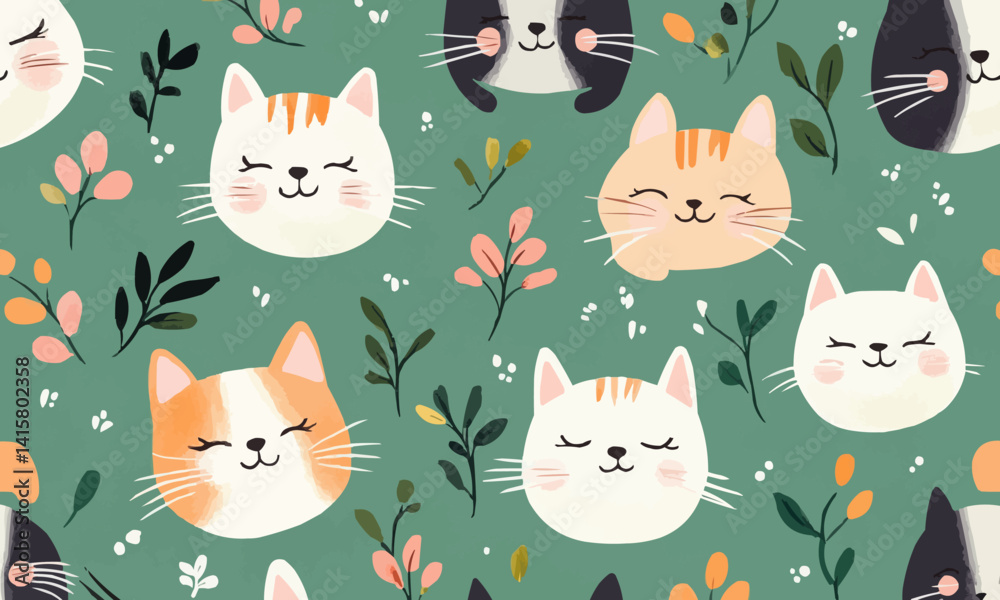 Obraz premium Cute cat pattern, animal illustration