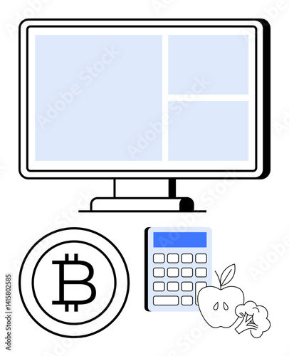Computer monitor, Bitcoin logo, calculator, apple, and broccoli combining technology, finance, and health focus. Ideal for fintech, cryptocurrency healthy habits budgeting nutrition apps digital