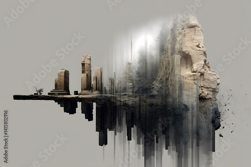 Ancient ruins reflected in water with a surreal, abstract twist