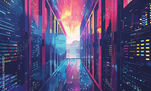 data storage with a vector art piece illustrating servers, data centers, and cloud storage