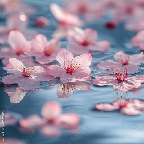 Floating cherry blossoms on water in soft daylight.
