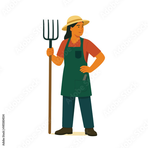 Flat style female farmer character holding a pitchfork – vector illustration for farming profession, organic agriculture, and environmental concepts.