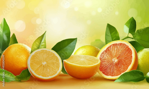 Different citrus fruits with leaves as background