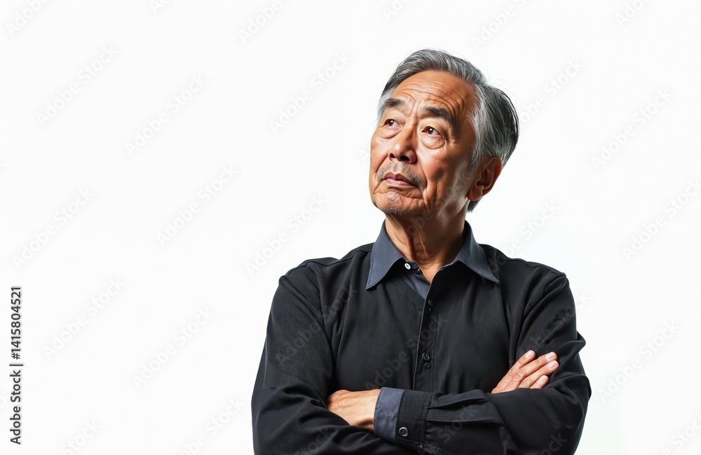 Senior Japanese man with gray hair poses on white backdrop. Asian man in black shirt thoughtfully looks up with arms crossed. Portrait of elderly person contemplates lifestyle. Contemplation concept.
