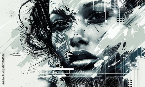 Halftone vector montage of a synthetic female face combined with abstract fractals and other graphic elements