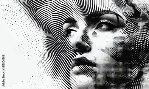 Halftone vector montage of a synthetic female face profile double exposed with a liquid silver texture