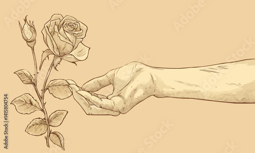 Hand holding rose flower. Cotiniuous line drawing vector
