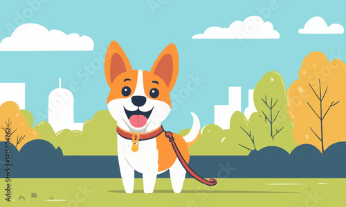 Dog with a leash ready for a walk in the park, Vector flat minimalistic isolated illustration