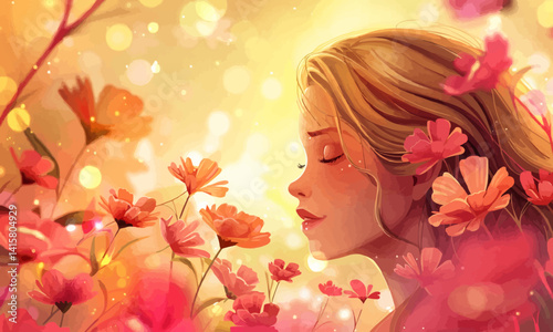 happy mothers day background with flowers beautiful young mother. Vector illustration