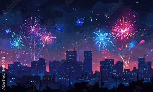 Dramatic nighttime fireworks display above a cityscape, with colorful and symmetrical bursts illuminating the dark sky, and buildings visible in the background