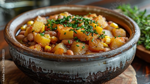 Native American three sisters stew corn beans and squash served in white ceramic bowl