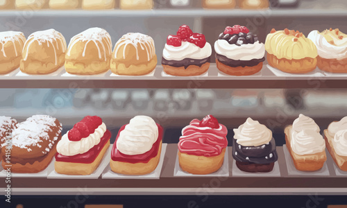 Eclairs on the shelf of a pastry shop or cafe. Tasty french sweets on window shop, delicious pastries for coffee. Cakes in pastry shop, variety of desserts with creamy topping on display in bakery
